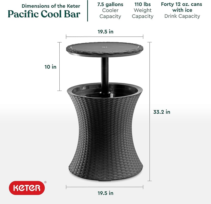 Keter Pacific Cool Bar Outdoor Patio Furniture and Hot Tub Side Table with 7.5 Gallon Beer and Wine Cooler, Dark Grey