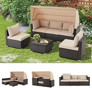 Vicluke 6 Pieces Patio Furniture Sets Outdoor Sectional Sofa Set Rattan Daybed with Retractable Canopy, Adjustable Backrest, Storable Tea Table Rectangle Sunbed for Backyard Garden Poolside(Khaki)