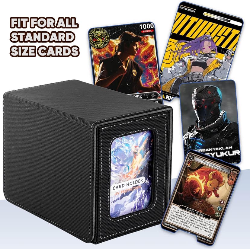 Flooyes MTG Commander Deck Box, Card Storage Box Fits 100 Double-Sleeved Cards, 35pt Card Brick, Dice Tray & Dice Pool, PU Leather Strong Magnet Card Deck Case for Magic Commander TCG CCG, Black/Grey