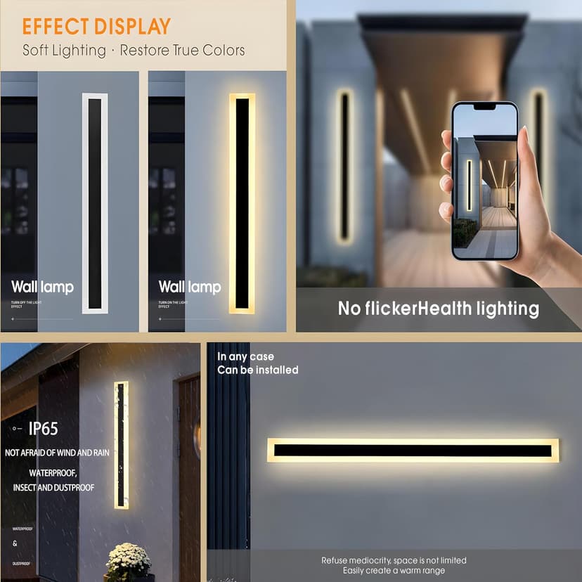 2Pack 31.5inch Long Outdoor Modern LED Wall Light,24W Waterproof IP65 Warm White 110V led Wall Mount Lighting Fixture Rectangular Black Wall Lights Elegant Frosted White Acrylic Anti Rust