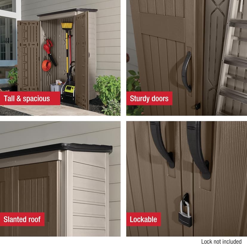 Rubbermaid Vertical Resin Outdoor Storage Shed, With Floor (4 x 2.5 Ft), Weather Resistant, Brown, Organization for Home/Backyard/Garden Tools/Porch/Patio Cushions/Pool Chemicals/Toys
