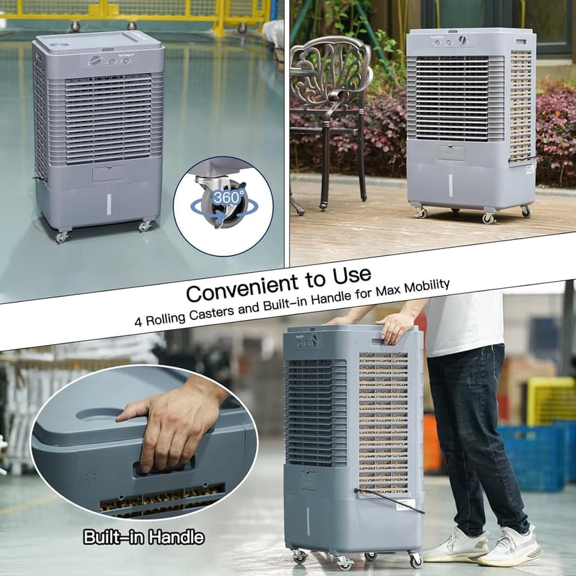 37" Evaporative Air Cooler 3000 CFM, 8 Gal Water Tank, 3 Speeds, Oscillating Cools up to 720 Sq. ft, Portable Industrial Swamp Water Cooler for Outdoor Commercial Factory - Gray