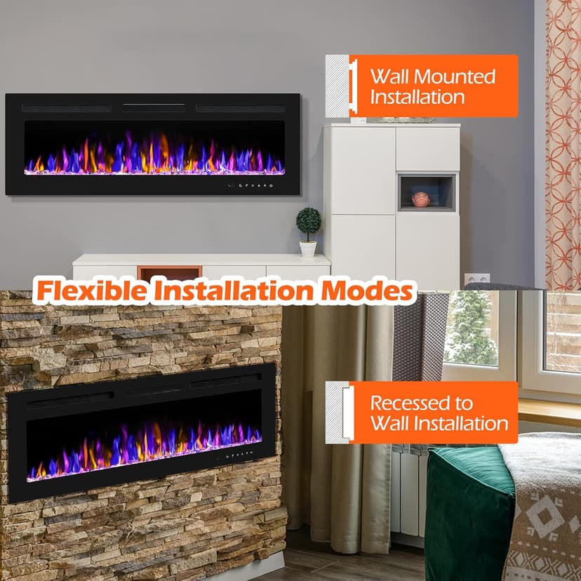50" Electric Fireplace Wall Mounted and Recessed with Remote Control, 750/1500W Ultra-Thin Wall Fireplace Heater W/Timer Adjustable Flame Color and Brightness, Log Set & Crystal Options