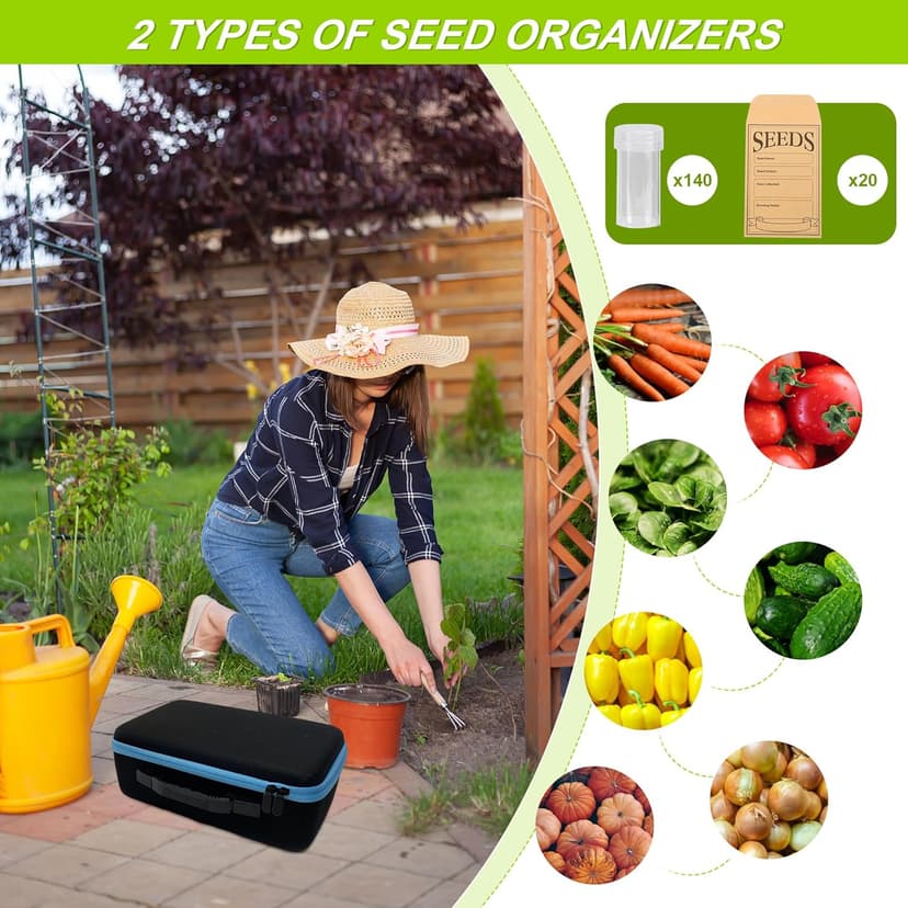 140 Slots Seed Storage Organizer Box with 20 Envelopes, Large Capacity Seed Storage Container with Zipper Bag, Label Stickers, Tweezers, Funnel, Garden Seeds Saver Kit for Vegetable, Flower