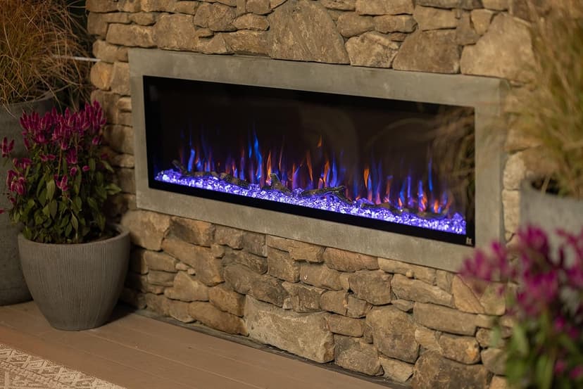 Touchstone 80049 - Indoor/Outdoor Sideline Elite Smart WiFi-Enabled Electric Fireplace - 60" Wide - in-Wall Recessed or Wall Mount - Realistic 6 Color Flame - No Heat - Log & Crystal