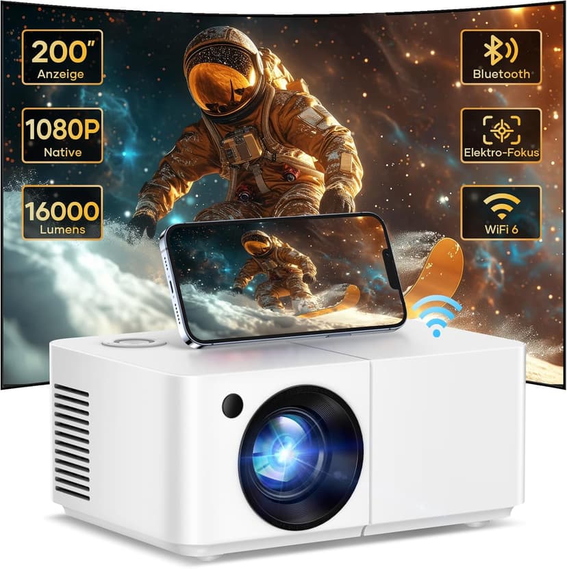 Portable Outdoor Projector, [Electric Focus] Mini Projector With WiFi and Bluetooth Native 1080P 300 ANSI, Max 200" Display Mirroring Screen With Android/IOS/Windows for Gaming Home Cinema