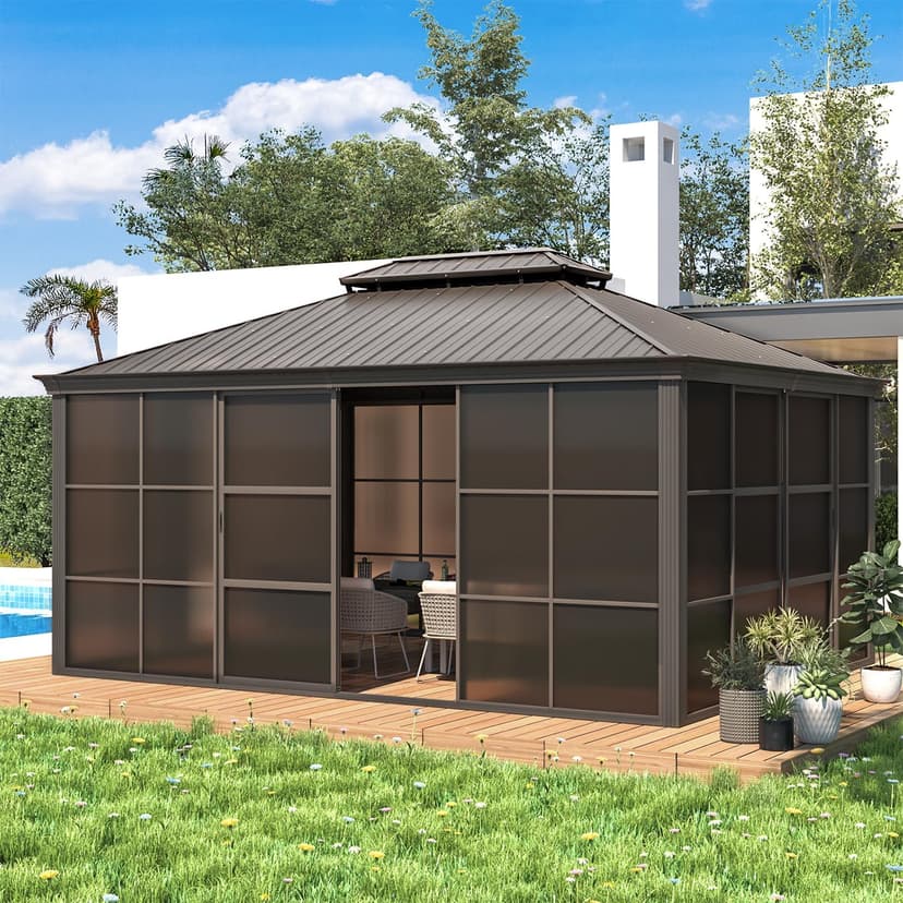 EROMMY 12' x 16' Sunroom, All-Season Gazebo Solarium with Sliding Doors, Lockable PC Screen Walls, Outdoor Permanent Sun Room with Galvanized Steel Roof, Aluminum Frame, for Garden, Patio, Deck