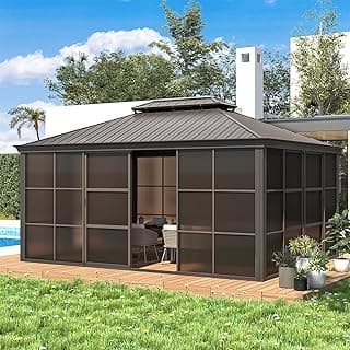 EROMMY 12' x 16' Sunroom, All-Season Gazebo Solarium with Sliding Doors, Lockable PC Screen Walls, Outdoor Permanent Sun Room with Galvanized Steel Roof, Aluminum Frame, for Garden, Patio, Deck