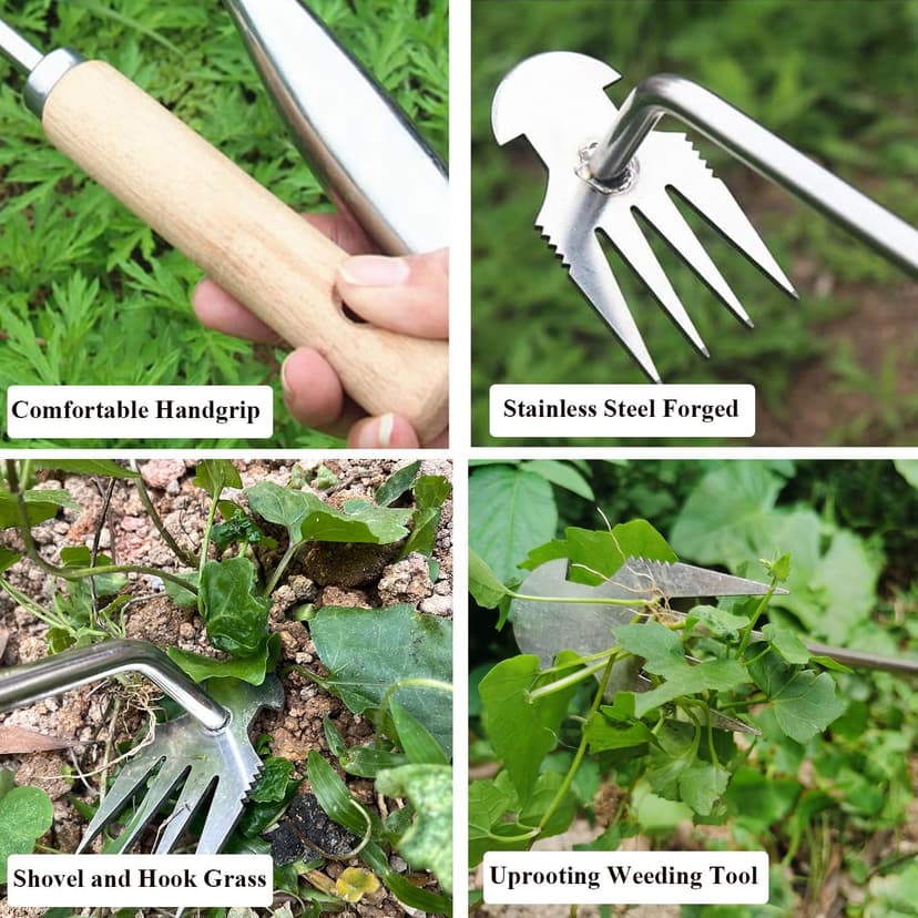Weeding Artifact Uprooting Weeding Tool, Garden Weeding Tools Hand Weeder Tool, Stainless Steel Weed Puller 4 Teethes Dual Purpose Weeder, Multifunctional Weeder Manual Weed Remover Tool (Wood-12inch)