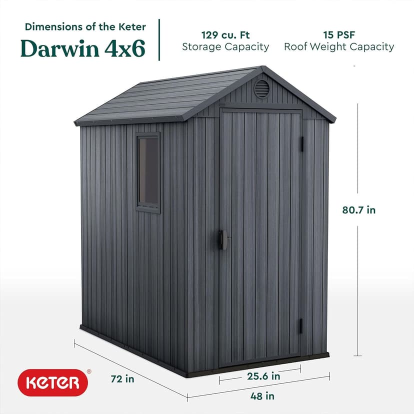 Keter Outdoor Storage Tool Shed for House, Lawn & Garden, 4x6’ Darwin, Graphite