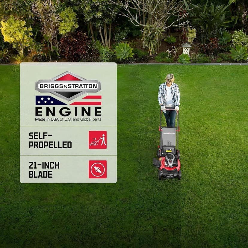 PowerSmart 21-Inch Gas Self-Propelled Lawn Mower, 140cc 4-Stroke B&S Engine, 3-in-1 Function (Mulching, Bagging, Rear Discharge), 6 Height Settings, 10" Rear Wheels, 1.4 Bushel Grass Bag