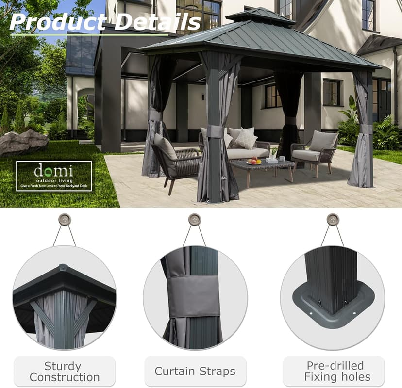 Domi 10' x 10' Hardtop Gazebo Outdoor Metal Gazebo with Galvanized Steel Double Roof Canopy, Curtains and Netting for Patio, Backyard, Deck, Lawn, Grey