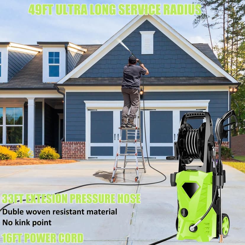 5000PSI Electric Pressure Washer - 2025 New Electric Power Washer with Upgraded 33ft Pressure Washer Hose Reel, Foam Cannon, 4 Nozzle Set, Power Washer for House/Patios/Car/Fence, Green