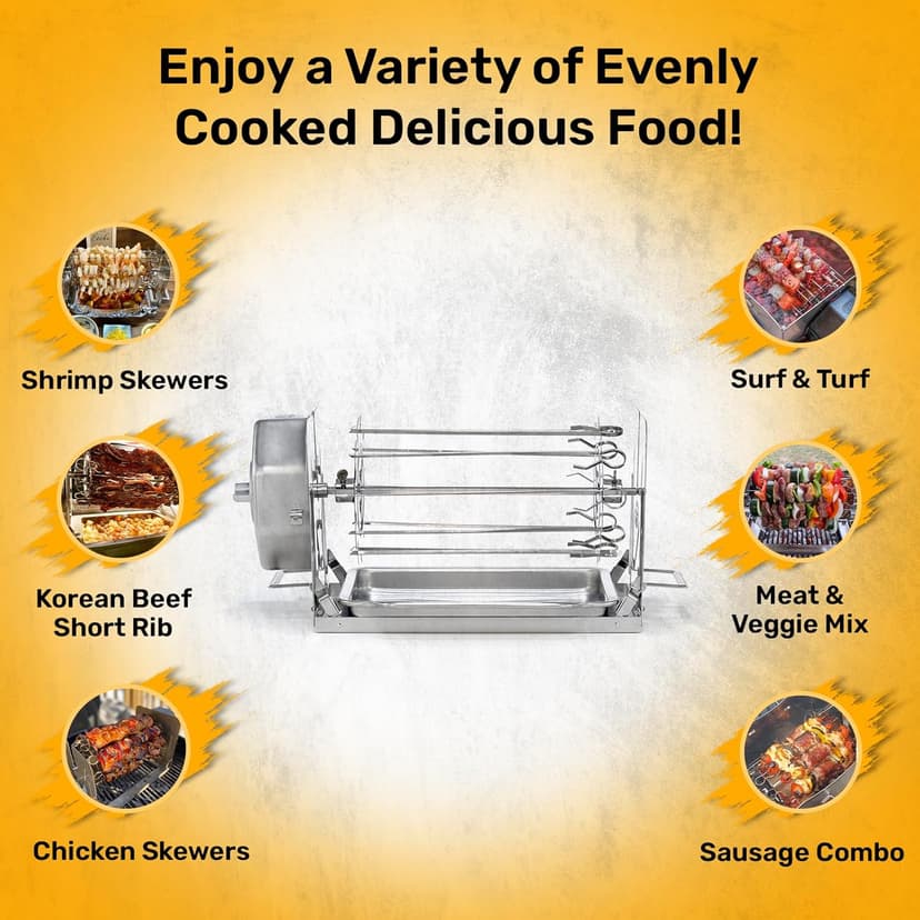 Family Bundle Rotisserie Kit - Non-Electric Wind-Up Spit Roaster with Rotisserie Basket, Flat Cage, Skewer Set, and Cooking Mat for Grills, Ovens, and Smokers - Indoor & Outdoor BBQ Use
