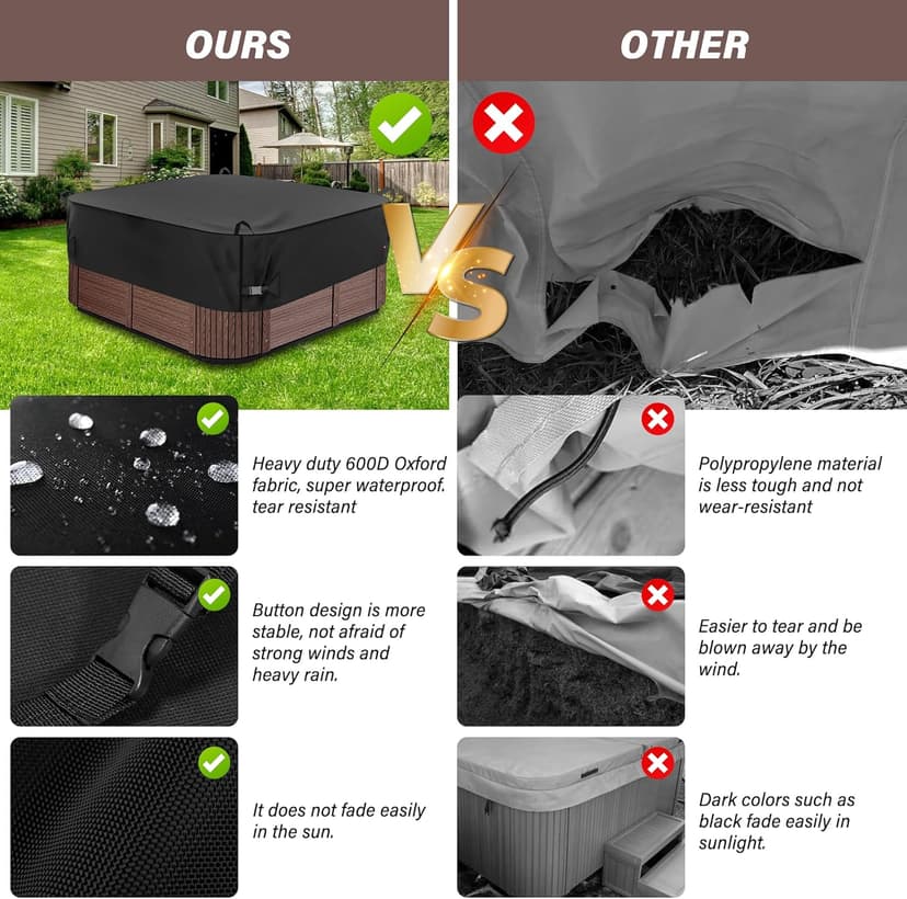 Square Hot Tub Cover 85 x 85 inch, 600D Heavy Duty Oxford Fabric SPA Cover for Hot Tub, Waterproof Outdoor SPA Hard Cover Protector, Waterproof & Anti-UV Jacuzzi Cover, Black