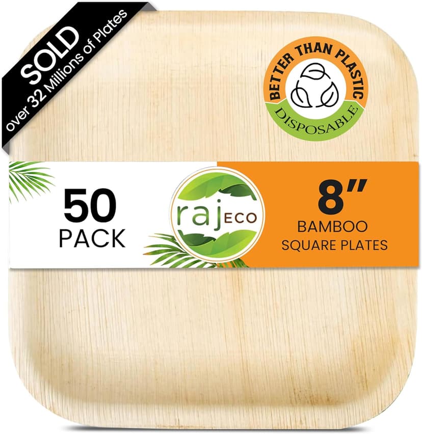 Raj Eco Compostable Palm Leaf Plates Like Bamboo Plates Disposable - 8 Inch Square 50 party plates, Natural wooden, Eco-Friendly, fancy Biodegradable & Disposable Dessert appetizer Plates