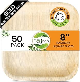 Raj Eco Compostable Palm Leaf Plates Like Bamboo Plates Disposable - 8 Inch Square 50 party plates, Natural wooden, Eco-Friendly, fancy Biodegradable & Disposable Dessert appetizer Plates