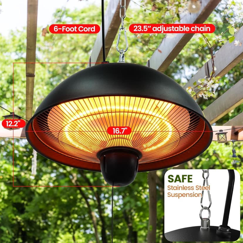 Hanging Patio Heater, Outdoor/Indoor Electric Infrared, Ceiling Heater with 3 Adjustable Modes 600W/900W/1500W.