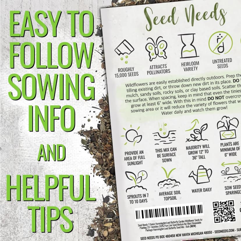 Seed Needs Flower Seeds Hummingbird and Butterfly Seed Mix 1 Ounce No Filler | 23 Varieties Garden Seeds Annual & Perennial Species | Pollinator Attracting Flowering Seed | Bulk Resealable Package