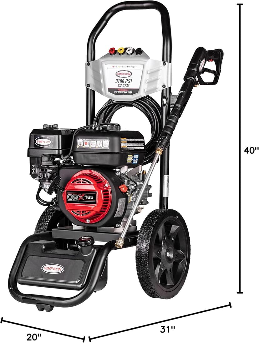 SIMPSON Cleaning MS61222-S MegaShot 3100 PSI Gas Pressure Washer, 2.3 GPM, CRX165 Engine, Includes Spray Gun, Extension Wand, On-Board Soap Tank, 4 QC Nozzles, 25-ft. Hyflex Hose, 49-State