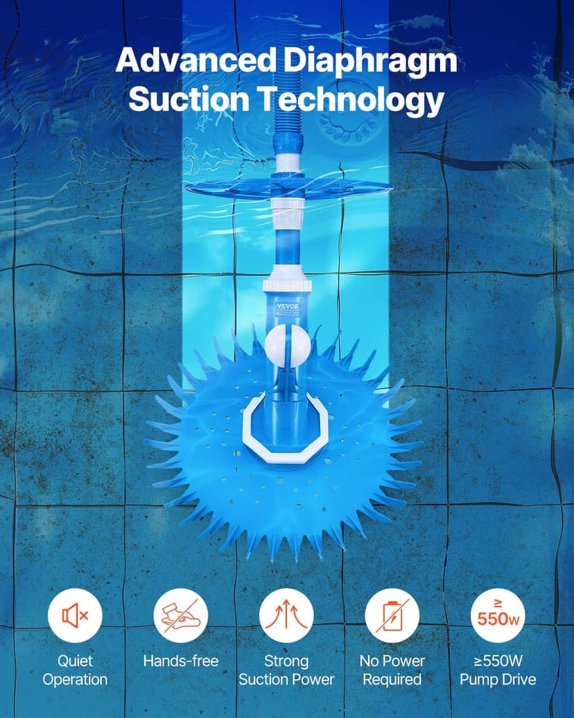 VEVOR Suction Pool Cleaner, Automatic Pool Vacuum Cleaner, Suction Side Automatic Pool Cleaner, Suction Vacuum Pool Sweeper with 12 Hoses, for In-ground Pool and Above-Ground Pool Up to 20 x 35 ft