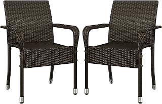 Yaheetech Set of 2 Stackable Outdoor Rattan Dining Chairs, All-Weather Armchair w/Armrests, Steel Frame for Garden, Patio, Deck, Yard, Poolside, Brown