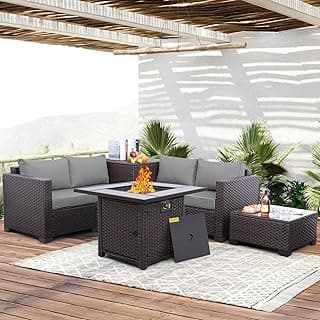WAROOM 5 Pieces Patio Furniture Set PE Wicker Outdoor Brown Rattan Sectional Sofa Loveseat Couch Conversation Chair with Storage Bin Coffee Table and Propane Fire Pit, Anti-Slip Grey Cushion