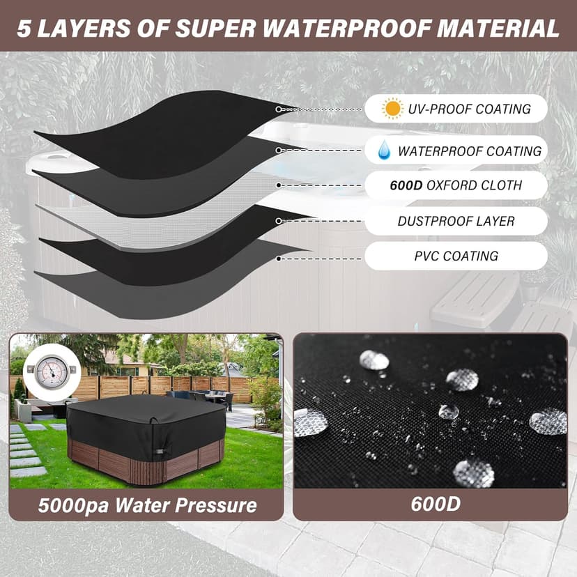 Square Hot Tub Cover 85 x 85 inch, 600D Heavy Duty Oxford Fabric SPA Cover for Hot Tub, Waterproof Outdoor SPA Hard Cover Protector, Waterproof & Anti-UV Jacuzzi Cover, Black
