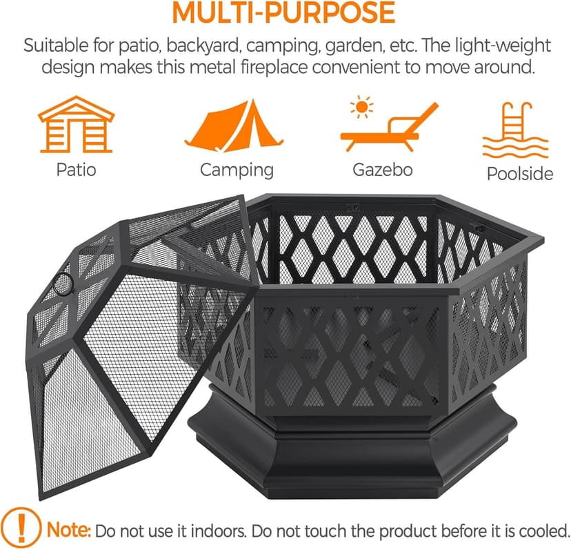 Yaheetech 28in Hex Shaped Fire Bowl - Large Wood Burning Outdoor Fire Pit with Spark Screen & Poker for Bonfire, Picnic, BBQ