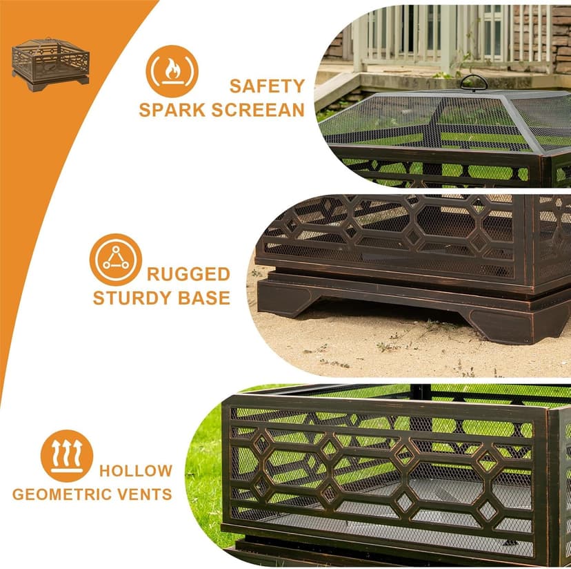Outdoor Fire Pit, 32 Inch Wood Burning Firepit for Outside with Mesh Cover & Fire Poker, Large Extra Deep Square Metal Fireplace for Patio, Backyard, Camping, Bonfire Party