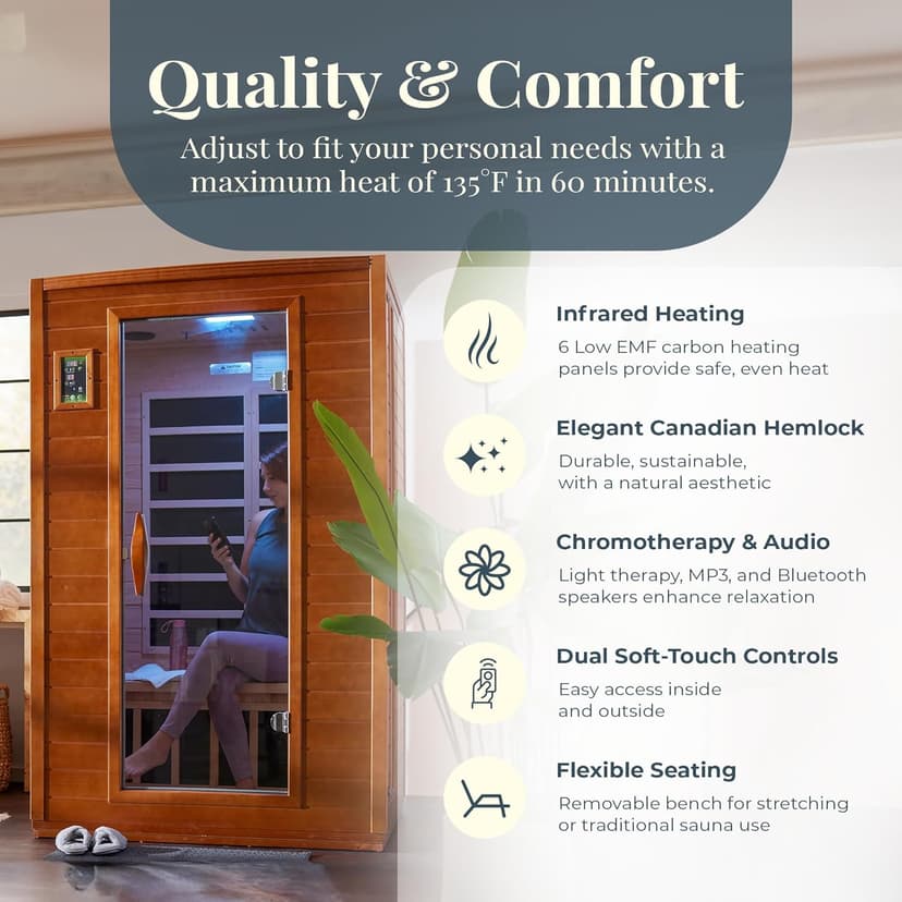 DYNAMIC SAUNAS Andora 2-Person Low EMF FAR Infrared Sauna with Red Light & Bluetooth Speakers | Personal Indoor Spa for Home & Gym – Made from Canadian Hemlock