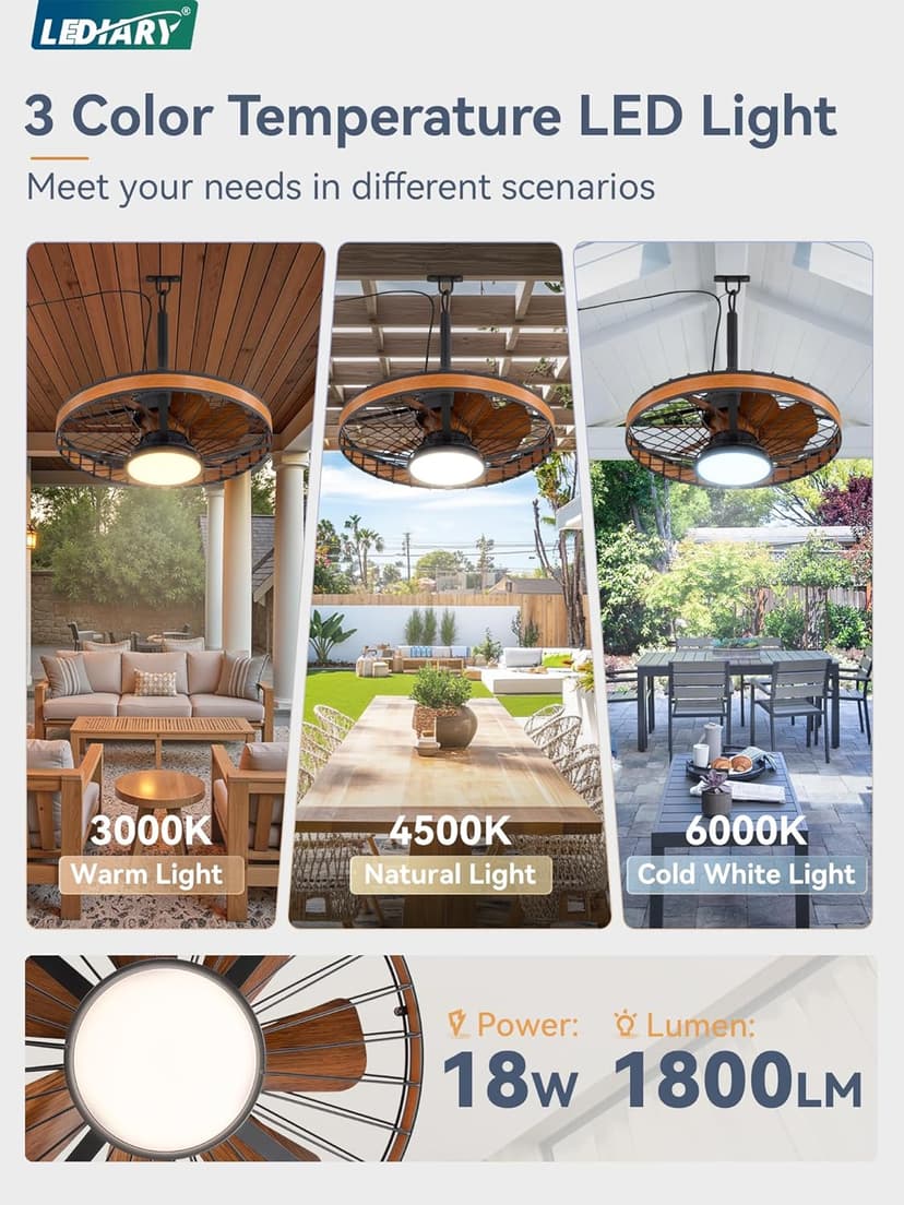 LEDIARY Outdoor Ceiling Fans with Lights, IP65 Waterproof Gazebo Fan with Hanging Hook,6 Speeds, 3CCT, 20 Inch Wet Rated Plug in Ceiling Fan for Patios,Porch, Pergola,Canopy