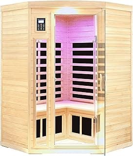 Far Infrared Wooden Sauna Room, 2-3 Person Home Sauna, Canadian Hemlock Indoor Corner Sauna Spa, 7 Low EMF Heaters, 2 Bluetooth Speakers, 2 LED Reading Lamp and 3 Chromotherapy Lights, 1600W