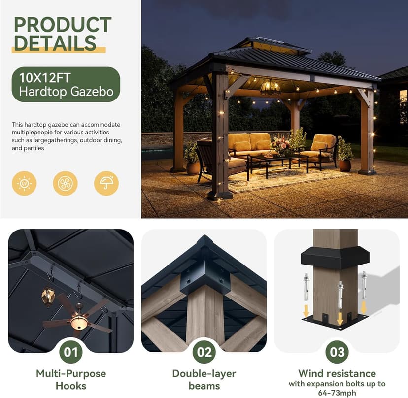 Aoxun 10' x 12' Outdoor Wood Gazebo, Hardtop Gazebo Permanent Wooden Pavilion with Galvanized Steel Double Roof, for Patio, Garden, Deck, Cedar Wood