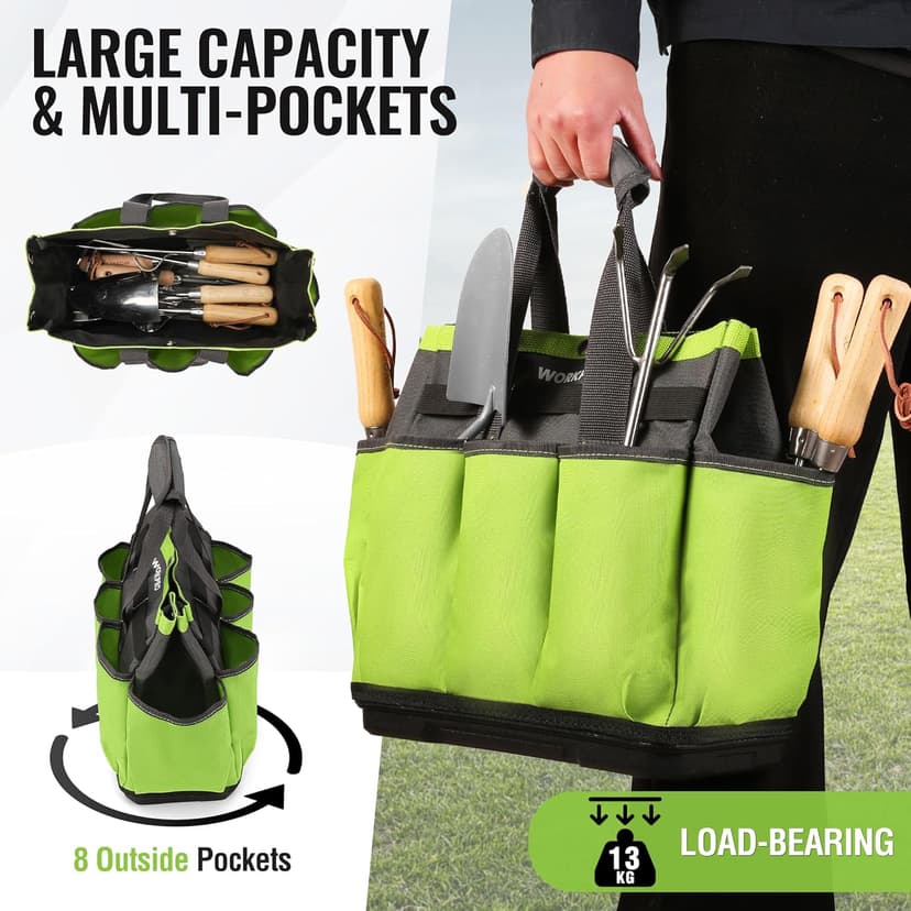 WORKPRO Garden Tool Bag with Waterproof Plastic Base, 8 Pockets Gardening Bag, Heavy Duty Oxford Garden Tote Caddy, Gardening Tool Kit Holder for Indoor and Outdoor(Tools NOT Included)