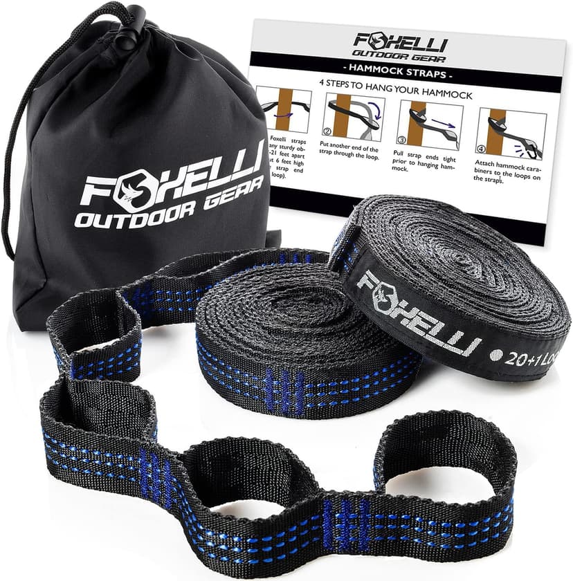 Foxelli XL Hammock Straps - Extra Long 20FT Heavy Duty No-Stretch Suspension System, 40+2 Loops, 2000 LBS Capacity, for Indoor/Outdoor Use – Set of 2 Straps & Carry Bag
