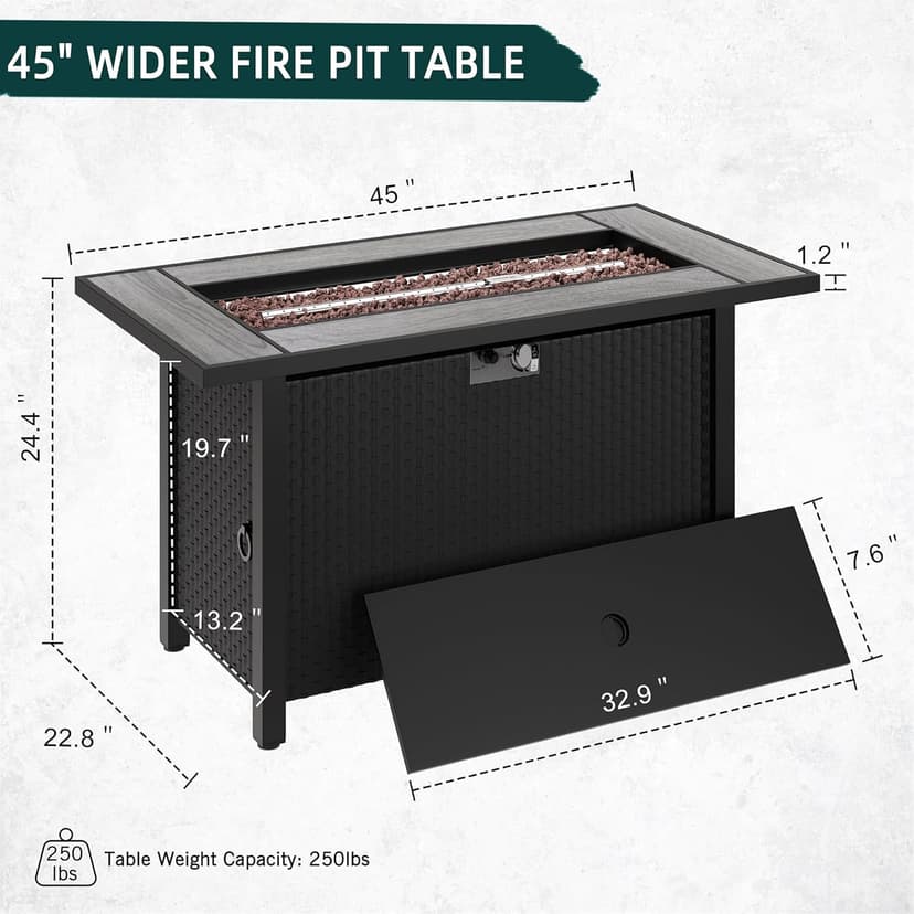 SUNLEI 45" Gas Fire Pit Table, 2 in 1 Fire Pits & Outdoor Fireplaces with Removable Lid & Waterproof Cover, 50000 BTU Patio Outdoor Propane Fire Pits with Lava Rock and Alumium Frame Tables