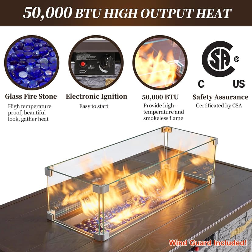 43" Propane Fire Pit Table Outdoor Rectangular Stone Firepit Table 50000 Btu Propane Fire Tables for Outside Patio with Glass Wind Guard, Lid, Fire Glass Beads, Pizzello Caldo (Gray Stone)