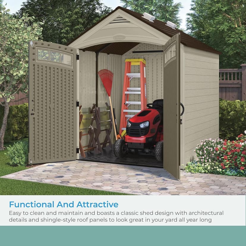 Suncast Vista 7x7 Storage Shed with Multi-Wall Resin Panels, 4 Skylights, IllumiVent System, and Pad-Lockable Doors, 84" D x 84" W x 98" H, Made in The USA