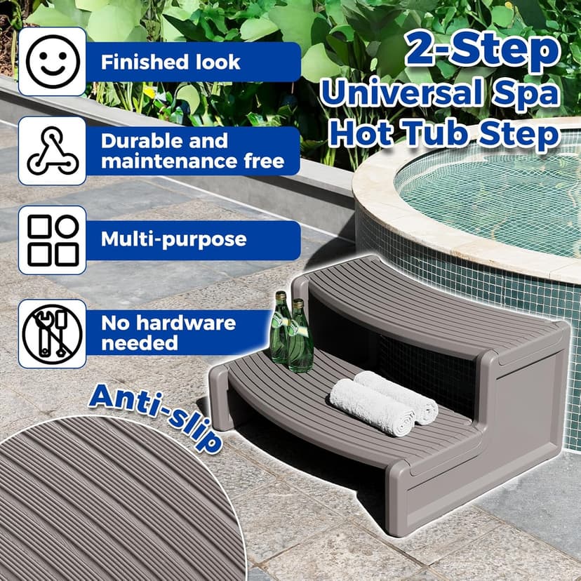 ECOTRIC Spa Step Hot Tub 2-Step Universal Outdoor Indoor Step Stool Pool Ladder Slip Resistant Striped - Carbon Gray Plastic
