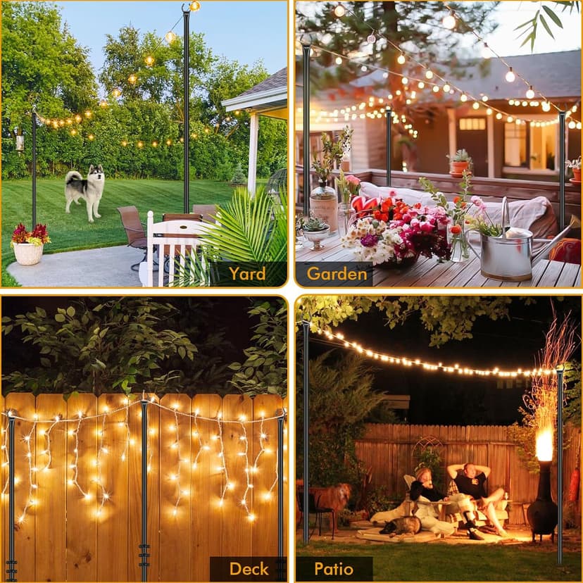 FEED GARDEN 4 Pack String Light Poles for Outside, 9.8FT Metal Poles for Outdoor String Lights, Stand Poles for Deck, Garden, Patio, Wedding, Backyard, Christmas Party