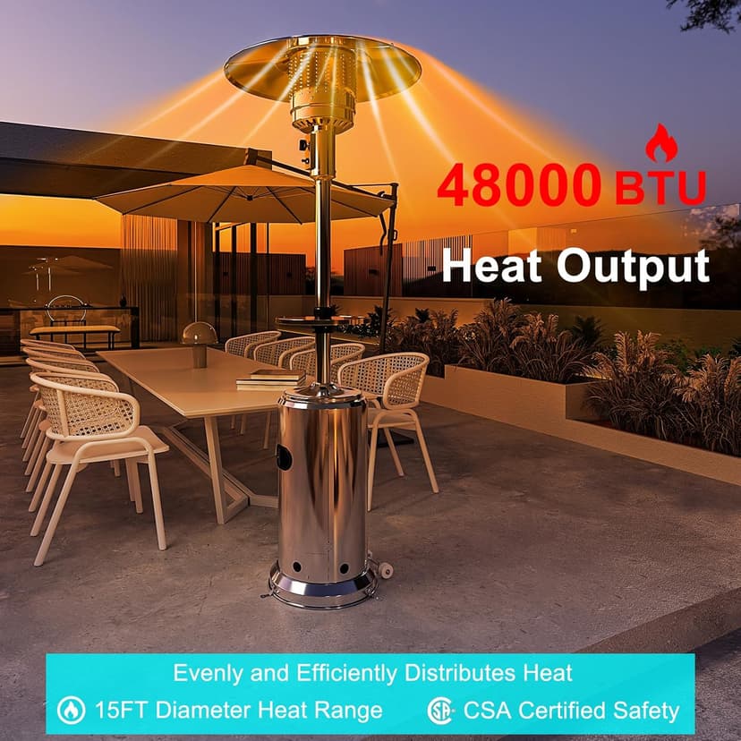 48,000 BTU Patio Heater, Stainless Steel Propane Heater With Wheels, Portable Outdoor Heaters for Patio, Backyard, Balcony, Silver