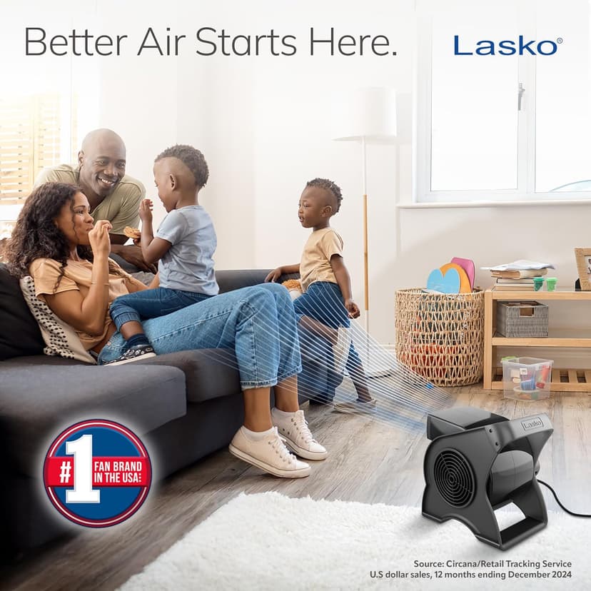 Lasko 12” Utility Fan for Job Site or Home Use, 289 CFM, Pivoting High Velocity Blower Fans, 3 Speeds, 2 Accessory Outlets 120V, Black, U12104