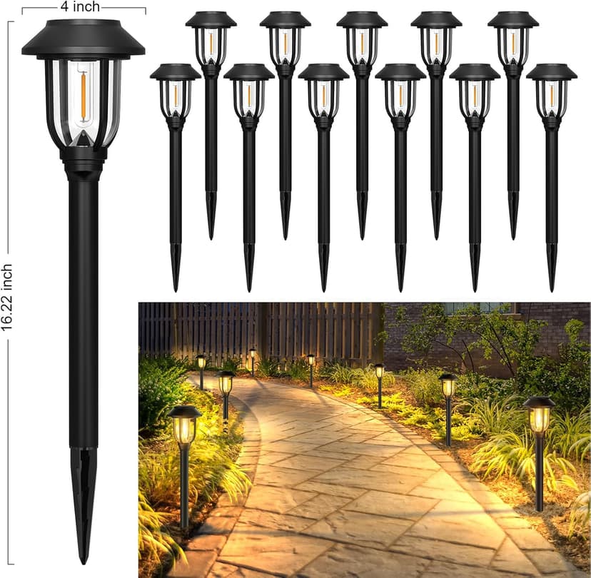 12 Pack Solar Lights Outdoor, Pathway Lights Solar Powered Outdoor Waterproof IP65 3000K Warm White Auto On/Off Garden Yard Lighting for Walkway, Driveway, Landscape, Path,Garden