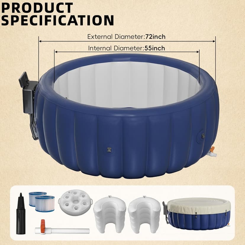 2-4 Person Inflatable Hot Tub, Portable Outdoor Spa with 146 Soothing Air Jets(73" x 28"), Portable Hot Tub with Cover and Heater Pump, Blue