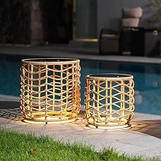 Solar Yard Boho Solar Nesting Tables with Built-in Lights - Set of 2, Weather-Resistant Wicker for Patio, Porch, Garden, Perfect Side Table for Outdoor Living, Natural & Stylish Design