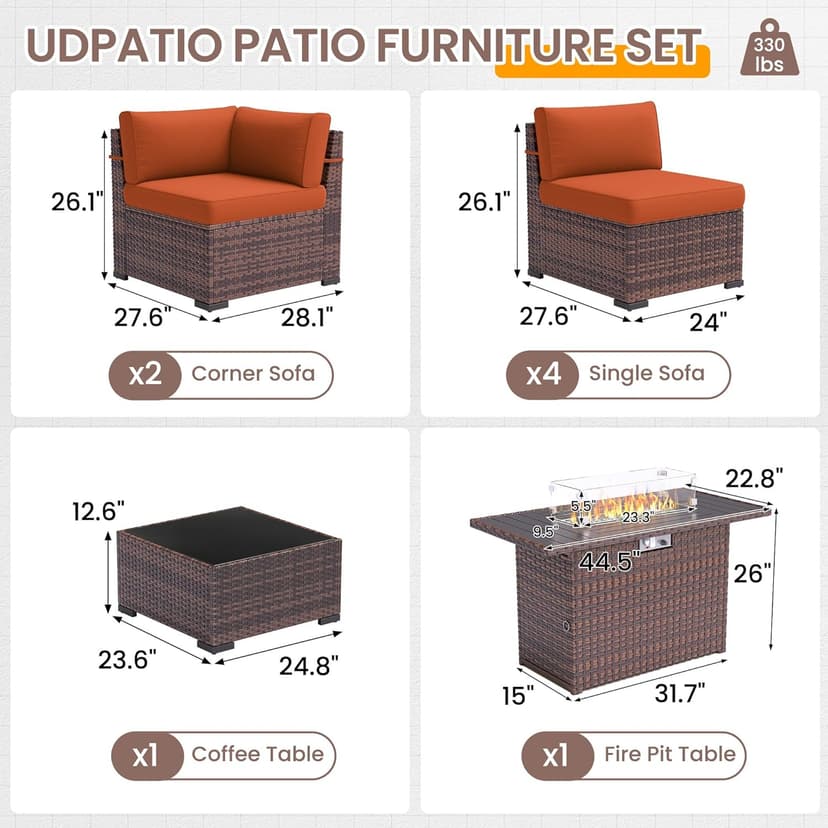 UDPATIO Patio Furniture Set With 44'' Fire Pit Table,Modular Outdoor Furniture Sets,Slanted Back Outdoor Sectional Conversation Set PE Rattan Sofa for Backyard W/Coffee Table,4'' Cushions,8 PCS,Orange