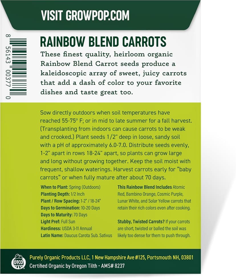 Organic Carrot Seeds (Rainbow Blend) - Approx 500 Seeds - USDA Organic, Non-GMO, Open Pollinated, Heirloom, USA Origin