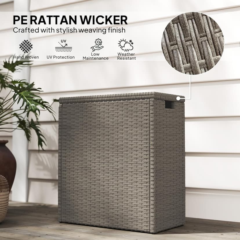 Outsunny 17 Gallon Wicker Small Deck Box, PE Rattan Outdoor Storage Box with Slatted Acacia Wood Flip Top for Indoor, Patio Furniture Cushions, Pool Supplies, Garden Tools, UV Resistant, Teak