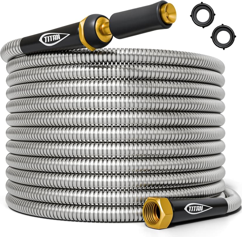 TITAN Garden Hose 25FT - 304 Stainless Steel Metal Water Hose, Flexible, Kink-Free, Lightweight, Durable, Crush Resistant Fittings, Easy to Coil, 500 PSI